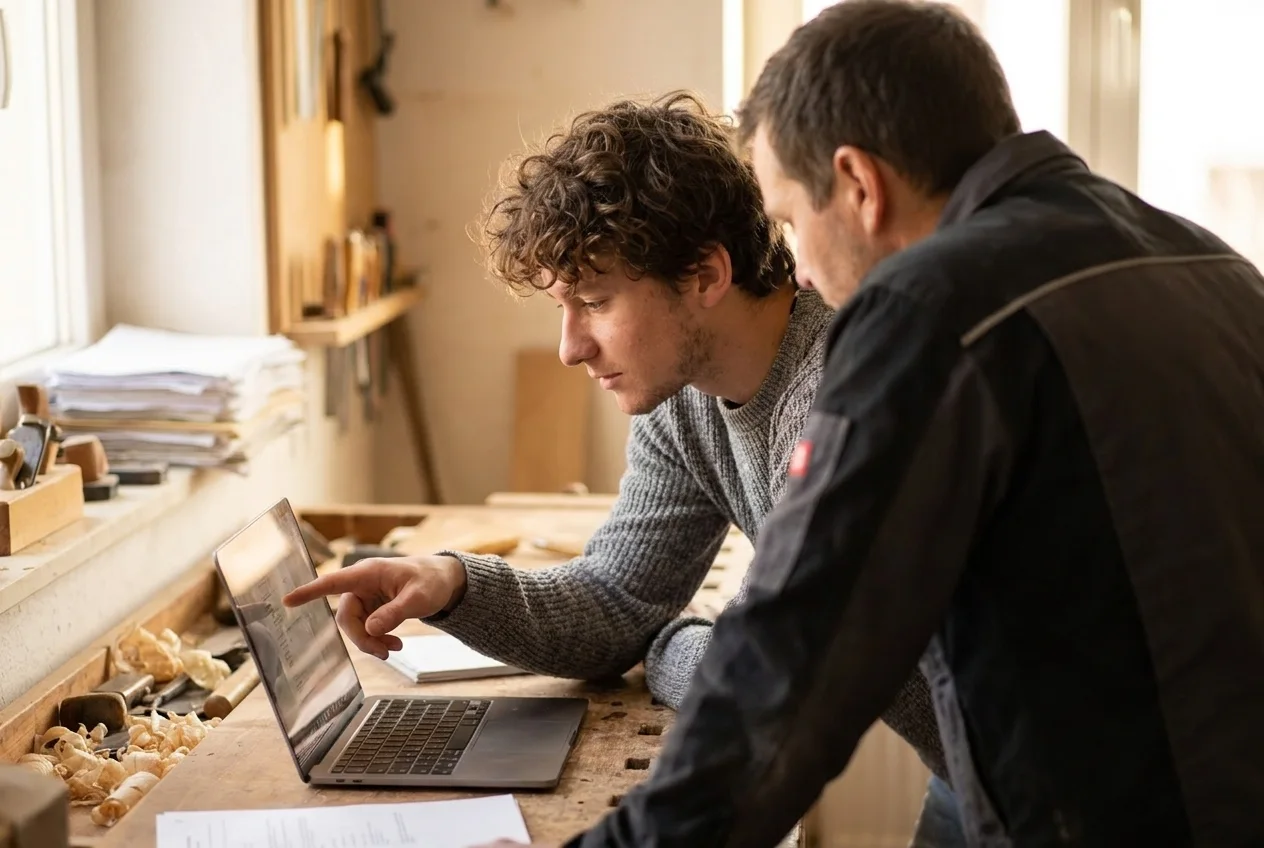 Lasse Wiener im Gespräch mit einem Handwerker am Laptop